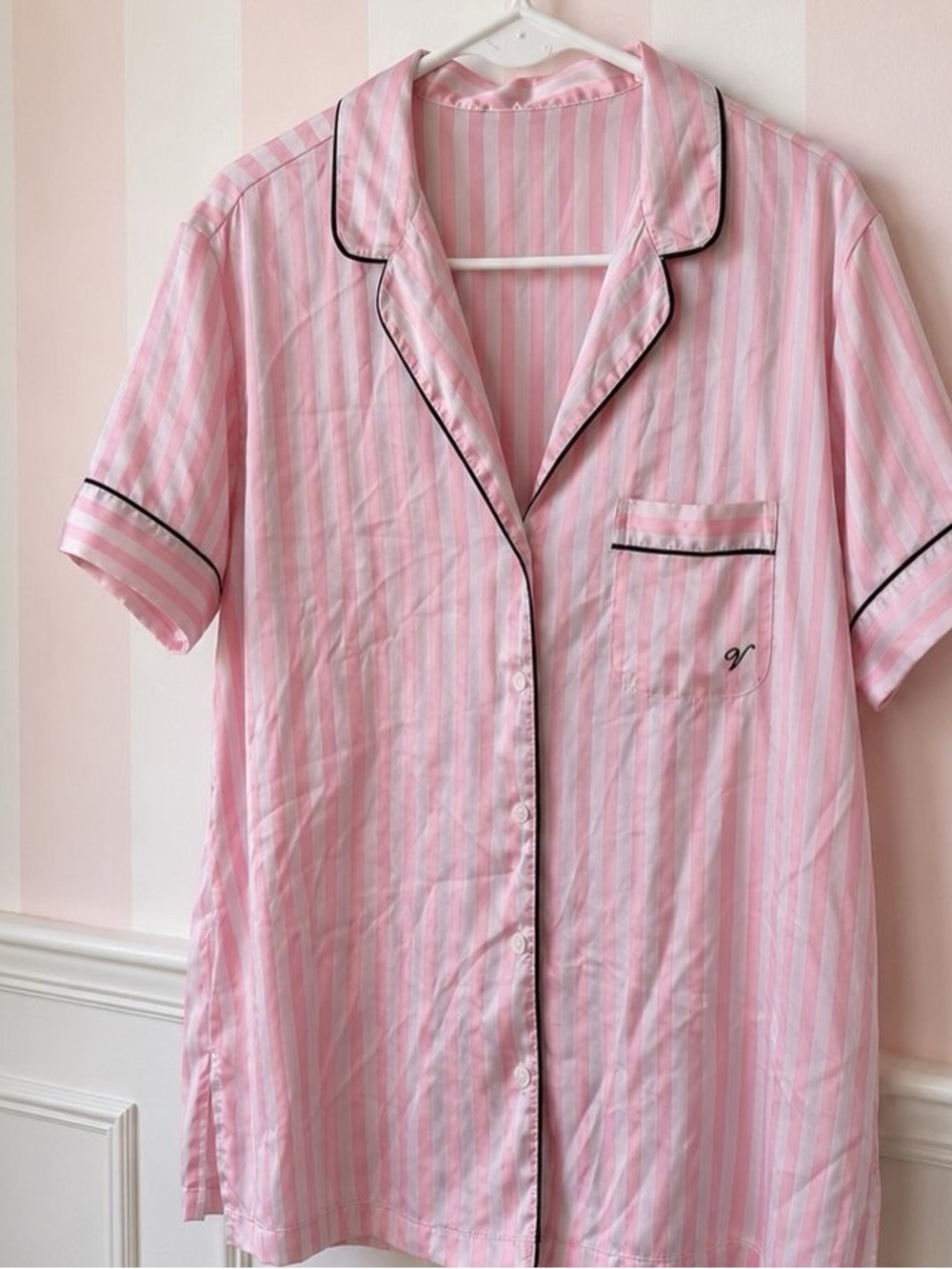 Victoria's Secret Pink & White Striped Short Sleeve Satin Pajama Top